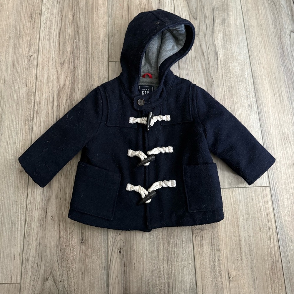 GAP Toddler Navy Hooded Pea Coat with White Toggle Accents Sz 6-12 months